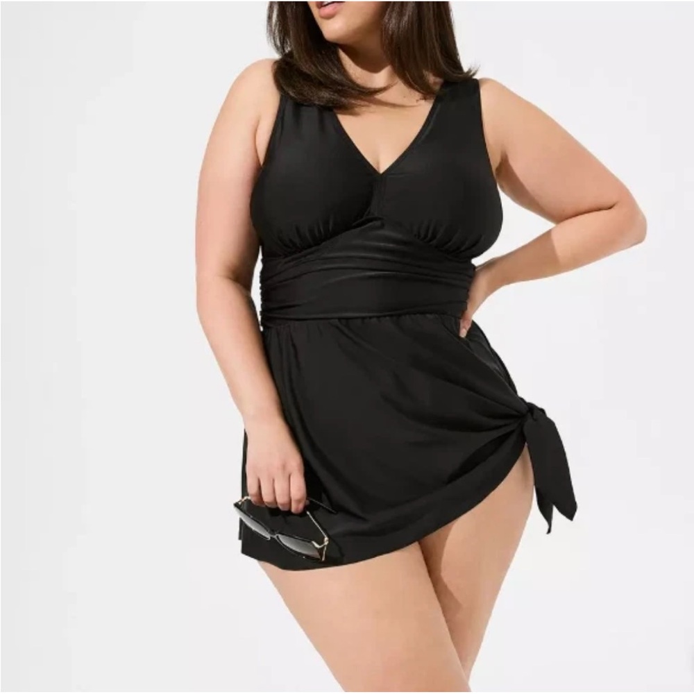 Torrid Asymmetrical Side Tie Black Swim Dress, 1 14/16